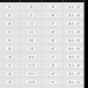 Size Chart for Clothing